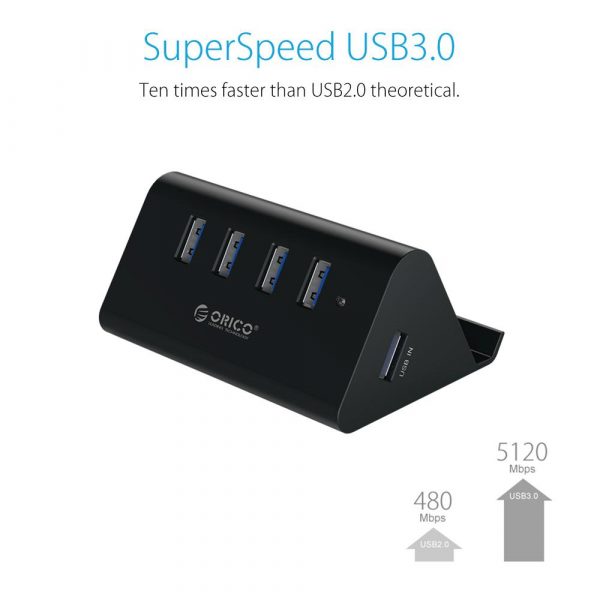 ORICO SHC-U3 4-Port USB 3.0 Mini Hub with 5Gbps SuperSpeed Transfer, Integrated Phone/Tablet Stand, ABS Fireproof Material, and 1M USB Cable - Black – Bild 4