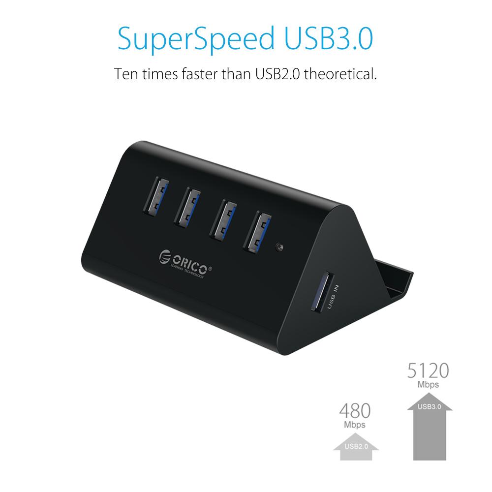 ORICO SHC-U3 4-Port USB 3.0 Mini Hub with 5Gbps SuperSpeed Transfer, Integrated Phone/Tablet Stand, ABS Fireproof Material, and 1M USB Cable - Black – Bild 4