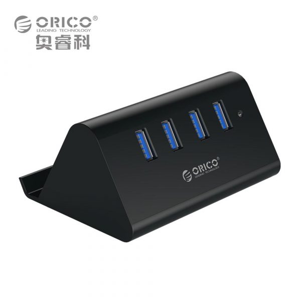 ORICO SHC-U3 4-Port USB 3.0 Mini Hub with 5Gbps SuperSpeed Transfer, Integrated Phone/Tablet Stand, ABS Fireproof Material, and 1M USB Cable - Black