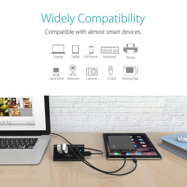 ORICO SHC-U3 4-Port USB 3.0 Mini Hub with 5Gbps SuperSpeed Transfer, Integrated Phone/Tablet Stand, ABS Fireproof Material, and 1M USB Cable - Black – Bild 2