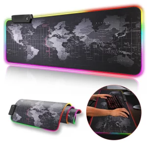 Extra-Large RGB LED Gaming Mouse Pad with World Map Design, Waterproof Surface, Non-Slip Rubber Base, and Extended Desk Mat for PC and Laptop Gamers