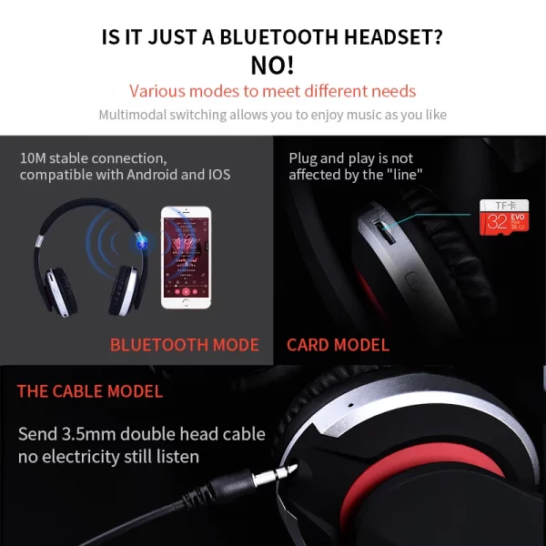 MH7 Foldable Wireless Bluetooth Stereo Gaming Headset with Built-in Microphone and TF Card Support for iPad and Mobile Devices – Bild 5