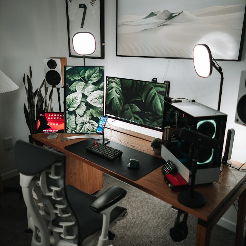 Modern Home Office Desk Modern home office with widescreen monitor, keyboard, and green accents